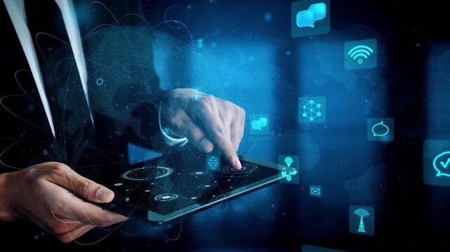A business professional interacts with a digital tablet featuring a futuristic interface. The image represents innovation, technology, and connectivity in a modern virtual environment. Xenic