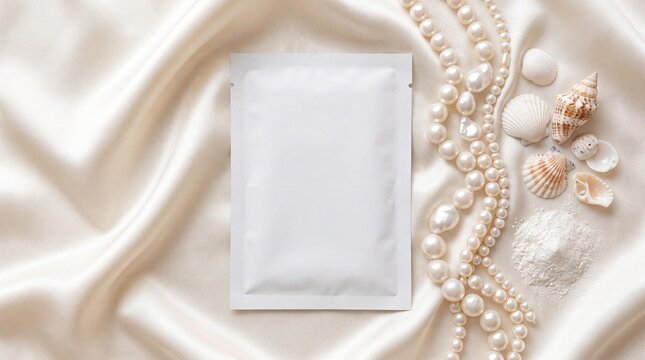 Blank sheet mask sachet mockup with pearls and powder on luxury satin fabric