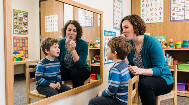 Speech therapist guiding a young boy with articulation in front of a mirror.