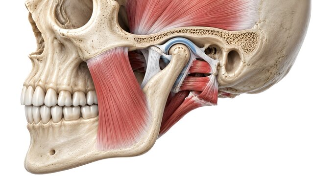 Temporomandibular Joint Anatomy Medical Illustration Showing TMJ Disc Ligaments Muscles and Mandibular Condyle