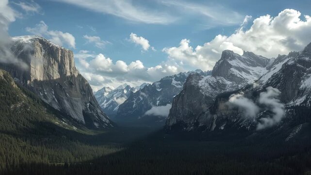 Snowy mountain valley with dramatic cloud granite cliff, snowcapped peaks and conifer forest