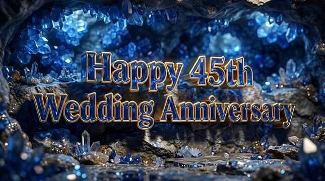 Blue Crystal Cave Display Featuring Happy 45th Wedding Anniversary 3D Typography with Gold Trim and Gemstone Mineral Interior Celebration Background