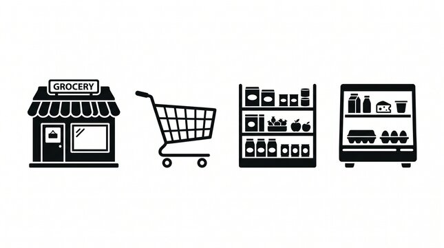 Grocery store shopping icon set with market building cart shelves and fridge