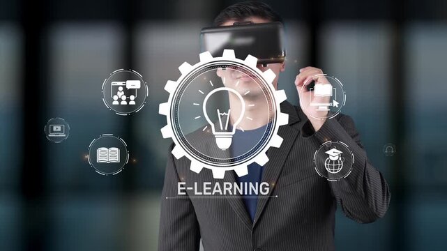 A businessman wearing a virtual reality headset explores e-learning concepts in a modern office. The technology graphics highlight innovation and educational growth. Raster