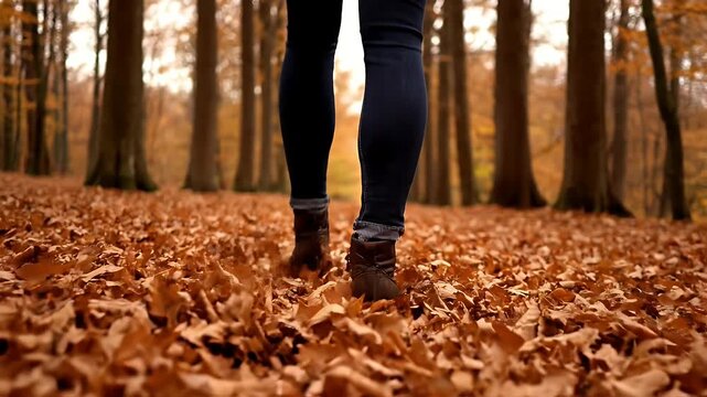 A person wearing jeans and boots walking through a forest covered in fallen orange autumn leaves