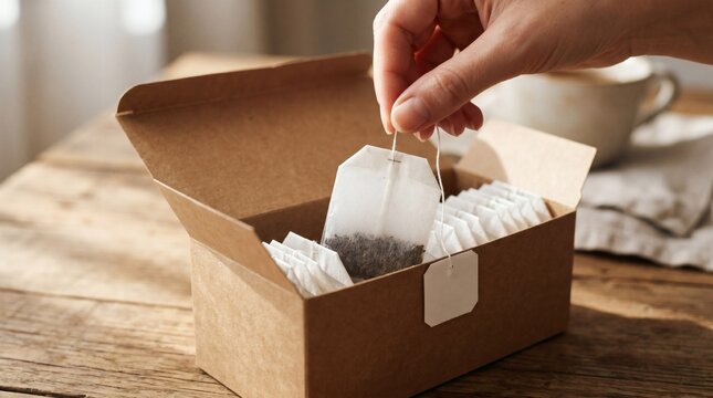 Hand picking a tea bag from a blank cardboard box on a rustic wooden table.