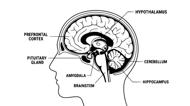 Detailed illustration of the human brain's internal structures labeled