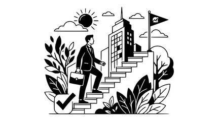 Fototapeta premium Businessman climbing stairs to success in a modern cityscape vector illustration