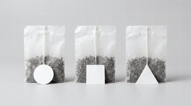 Three minimalist tea bag mockups with blank geometric tags on gray background