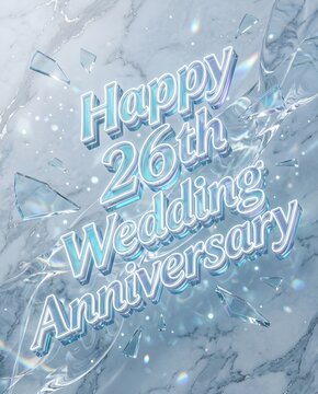 Translucent Glass Typography with the Complete Text Happy 26th Wedding Anniversary Displayed on White Marble Background with Crystal Shards