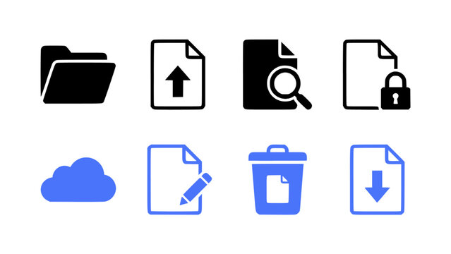 Clean vector icons featuring file protection, cloud storage, document editing, and download functions.