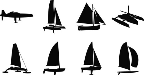 Collection of Sailboat and Catamaran Silhouette Icons Isolated on Light Background © MstRostama