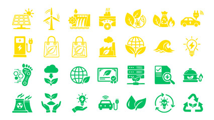 Fototapeta premium Modern vector icons featuring renewable energy, recycling, eco technology, and environmental protection.