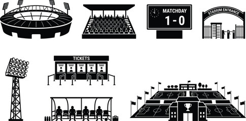 Football Stadium and Matchday Silhouette Icons Set with Arena and Ticket Booth © MstRostama