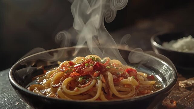 Steaming bowl of noodle soup with chili and scallion garnish, savory aromatic warm comfort