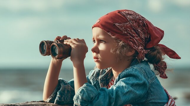 Adventurous Girl Pirate Using Binoculars to Explore