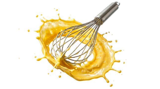 A metal whisk creating a dynamic splash of yellow liquid isolated on white background