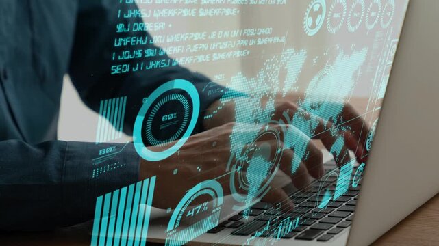 A modern workspace showcasing business data analytics with a laptop and digital graphics representing information visualization and statistical metrics for professionals. Cipher
