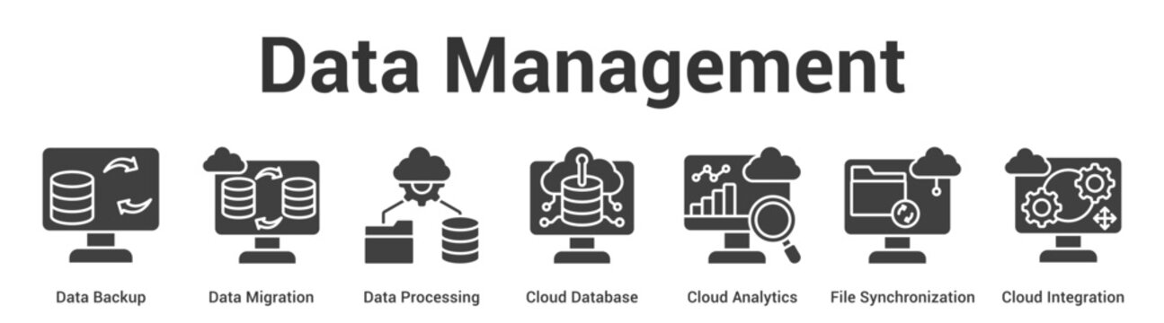 Data Management web banner icon vector illustration concept for business with icon of Data Backup, Data Migration, Data Processing, Cloud Database, Cloud Analytics, File Synchronization, Cloud.