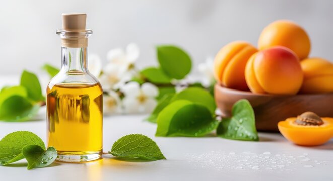 Apricot kernel oil in a glass bottle with fresh apricots and green leaves