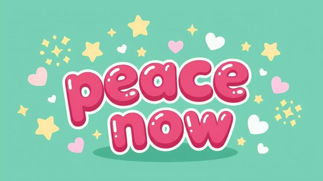 Cheerful pink bubble letters spell "peace now" surrounded by stars and hearts