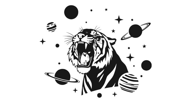 Roaring Tiger Head in Outer Space with Planets and Stars, Vector Art