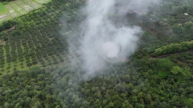 Aerial view of burning fire on agriculture field in rural Thailand. Farmers in many parts of the world set fire to cultivated fields to clear stubble, weeds and waste before sowing a new crop.