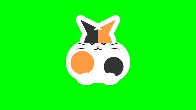 Cute Cartoon Calico Cat Character Smiling and Waving on Green Screen Chroma Key Background