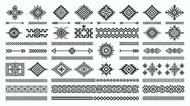 Rustic Aztec Geometric Tribal Border Elements and Native American Ribbon Patterns for Bohemian Fashion Textiles and Creative Product Graphic Branding
