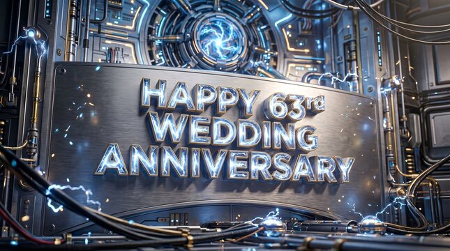 Futuristic Energy Chamber with Metallic Technology Environment Highlighting Happy 63rd Wedding Anniversary Text and Powerful Electric Lighting Effects