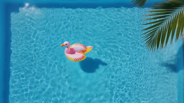 An overhead shot of a colorful pink flamingo inflatable floating on shimmering blue swimming pool water, framed by tropical palm leaves on a sunny day.
