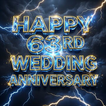 Storm Inspired Crystal Typography Featuring the Text Happy 63RD Wedding Anniversary with Electric Lightning Effects on Dramatic Dark Cloud Background