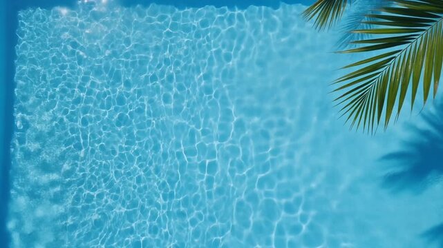 An overhead view of refreshing, sunlit blue swimming pool water with shimmering ripples, framed by a tropical green palm leaf in the corner.