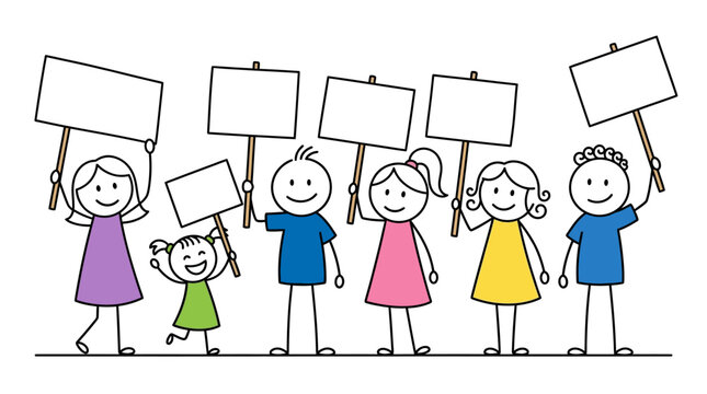 Illustration of diverse group of people holding blank signs for protest or demonstration