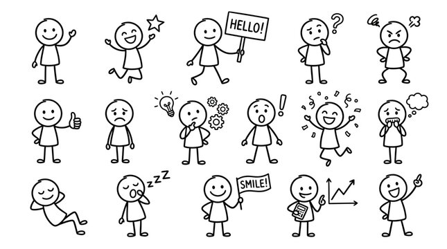 Hand drawn stick figures with various emotions and poses set