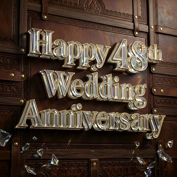 Elegant Leather Panel Composition Featuring Happy 48th Wedding Anniversary Crystal Typography with Rich Brown Texture Decorative Straps and Luxury Craftsmanship