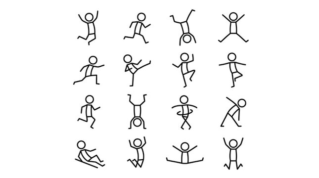 Set of Minimalist Stick Figure People in Various Active Poses and Movements