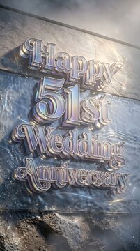 Reflective Iridescent Glass Typography Display with Happy 51st Wedding Anniversary Text Above Flowing Water, Natural Stone Surface, and Soft Illuminated Background