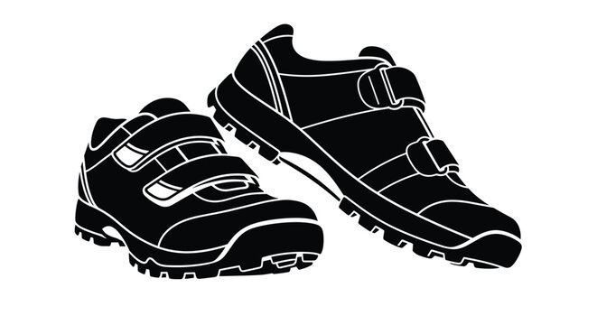 Solid black silhouette of a pair of athletic sneakers with velcro straps for walking or hiking on a white background.