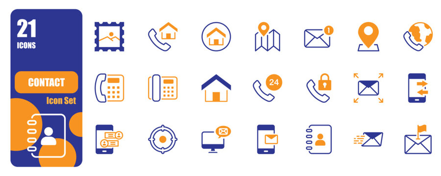 Professional blue and orange contact icon set for web and app interface