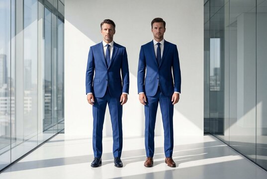 Dos profesionales de negocios caminando con confianza en moderna oficina corporativa
