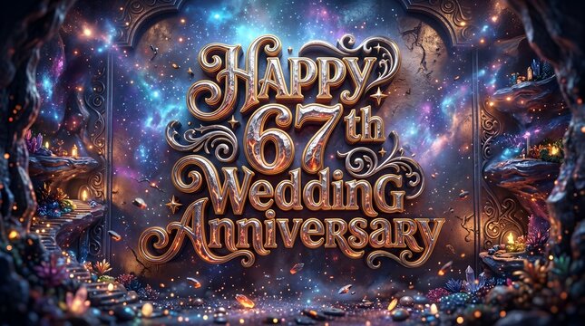 Fantasy Cosmic Landscape with Happy 67th Wedding Anniversary Decorative Typography Framed by Celestial Cave, Stars, Crystals and Magical Galaxy Atmosphere