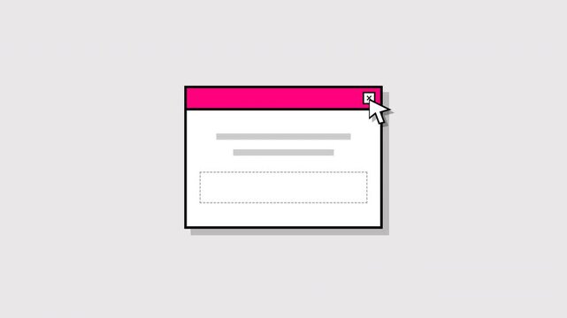 Minimalist Pink Graphic Window UI Element Closing with a Mouse Cursor on a Light Gray Background