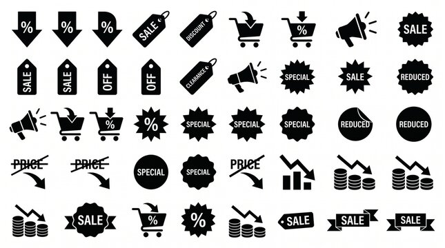 Marketing and discount sale symbols and icons set with discount, shopping