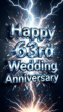 Electric Blue Crystal Typography Featuring Happy 63rd Wedding Anniversary with Lightning Burst, Shattered Ice Fragments and Powerful Energy Background