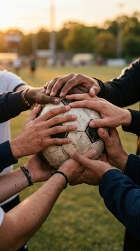 Team unity holding soccer ball at sunset