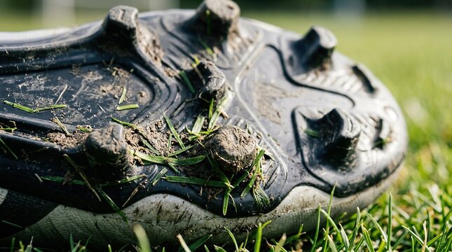 Close up of muddy soccer cleat on grass