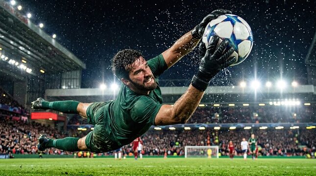 Goalkeeper diving to catch soccer ball in rainy stadium
