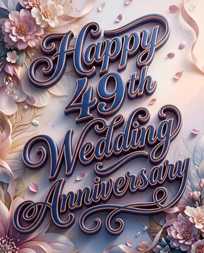 Elegant Blue Floral Typography Featuring the Complete Happy 49th Wedding Anniversary Text with Romantic Blossom Decorations and Soft Pastel Celebration Background
