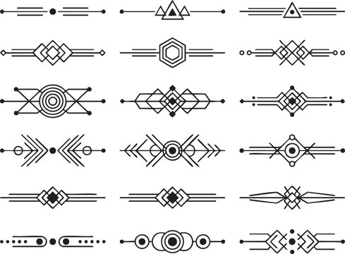 Symmetrical geometric line art dividers for creative layouts including hexagonal and triangular central motifs for professional document design decorative black ornaments for elegant page splitters.